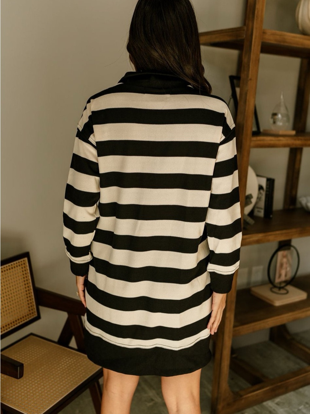 Striped Black and White Long Sleeve Knit Dress